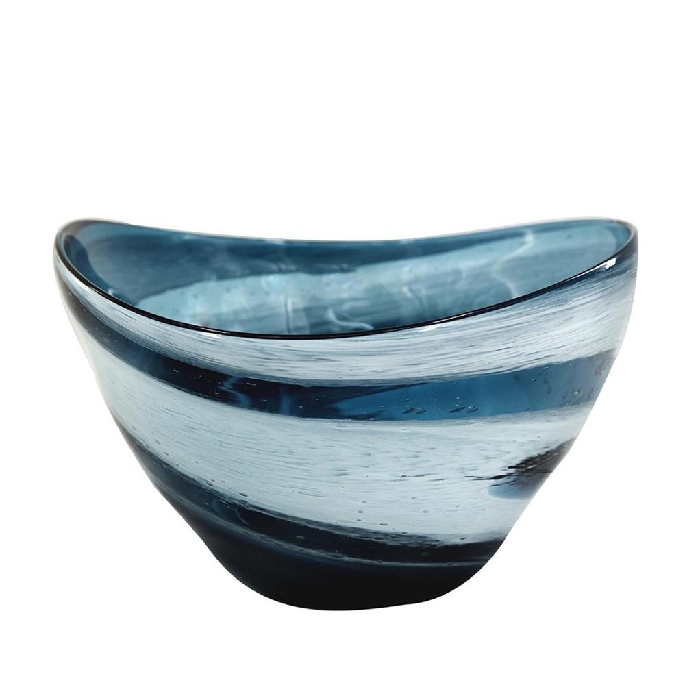 12" Blue And White Glass Swirl Stripe Oval Centerpiece Bowl