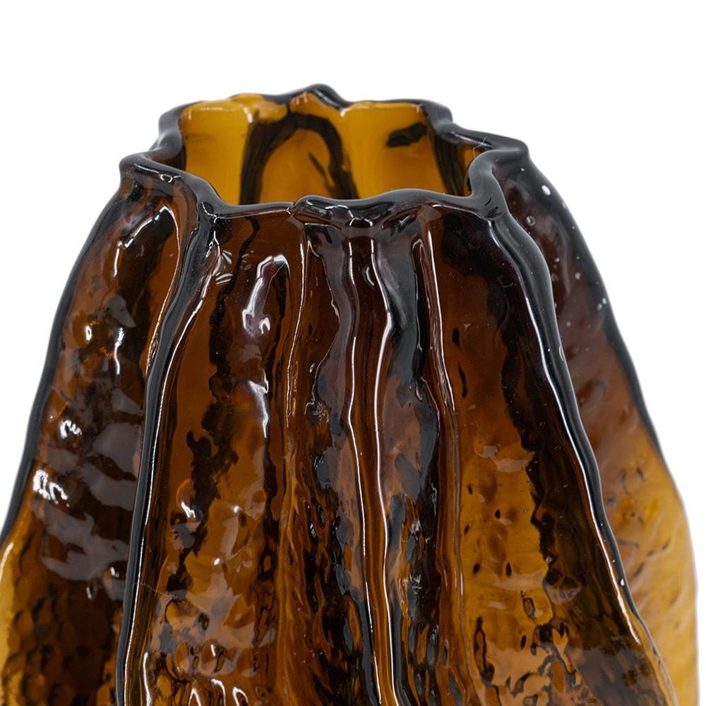 8" Burnt Umber And Black Glass Textured Wavy Table Vase