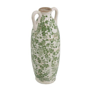 16" Green And White Leaf Ceramic Amphora Table Vase