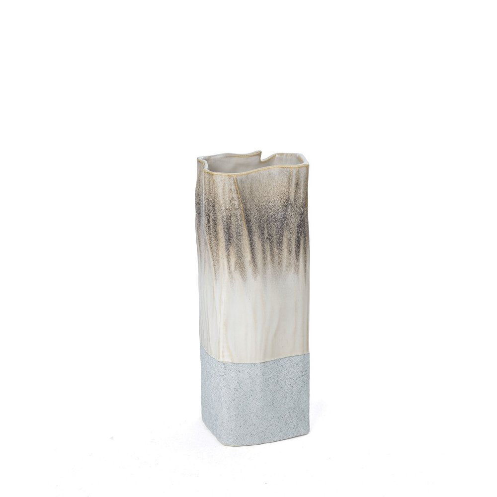 12" Brown Light Blue And Off White Color Block Square Ceramic Table Vase