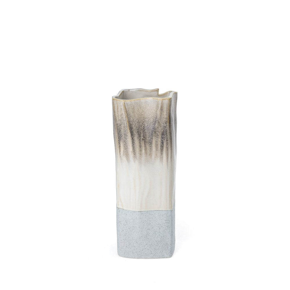 12" Brown Light Blue And Off White Color Block Square Ceramic Table Vase