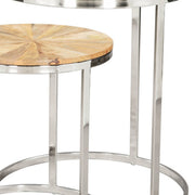 Set of Two Natural And Silver Solid Wood And Iron Round Frame Nested Tables