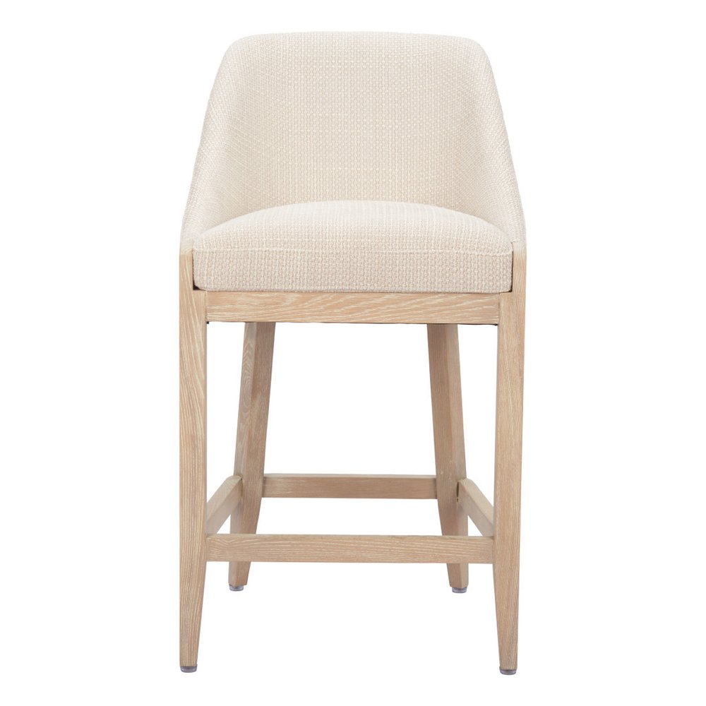 27" Beige and Natural Fabric and Solid Wood Counter Height Bar Chair