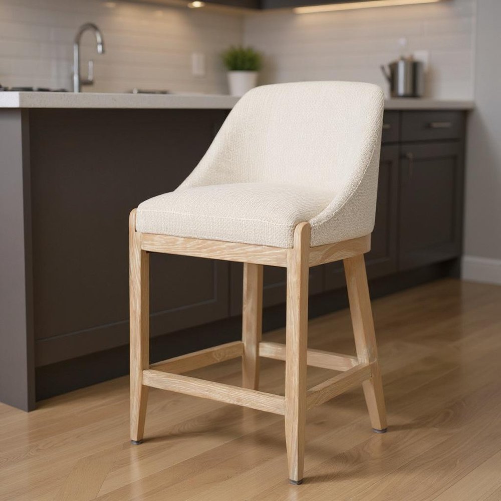 27" Beige and Natural Fabric and Solid Wood Counter Height Bar Chair