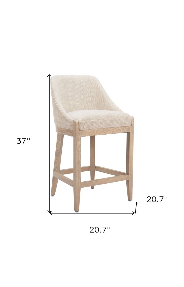 27" Beige and Natural Fabric and Solid Wood Counter Height Bar Chair