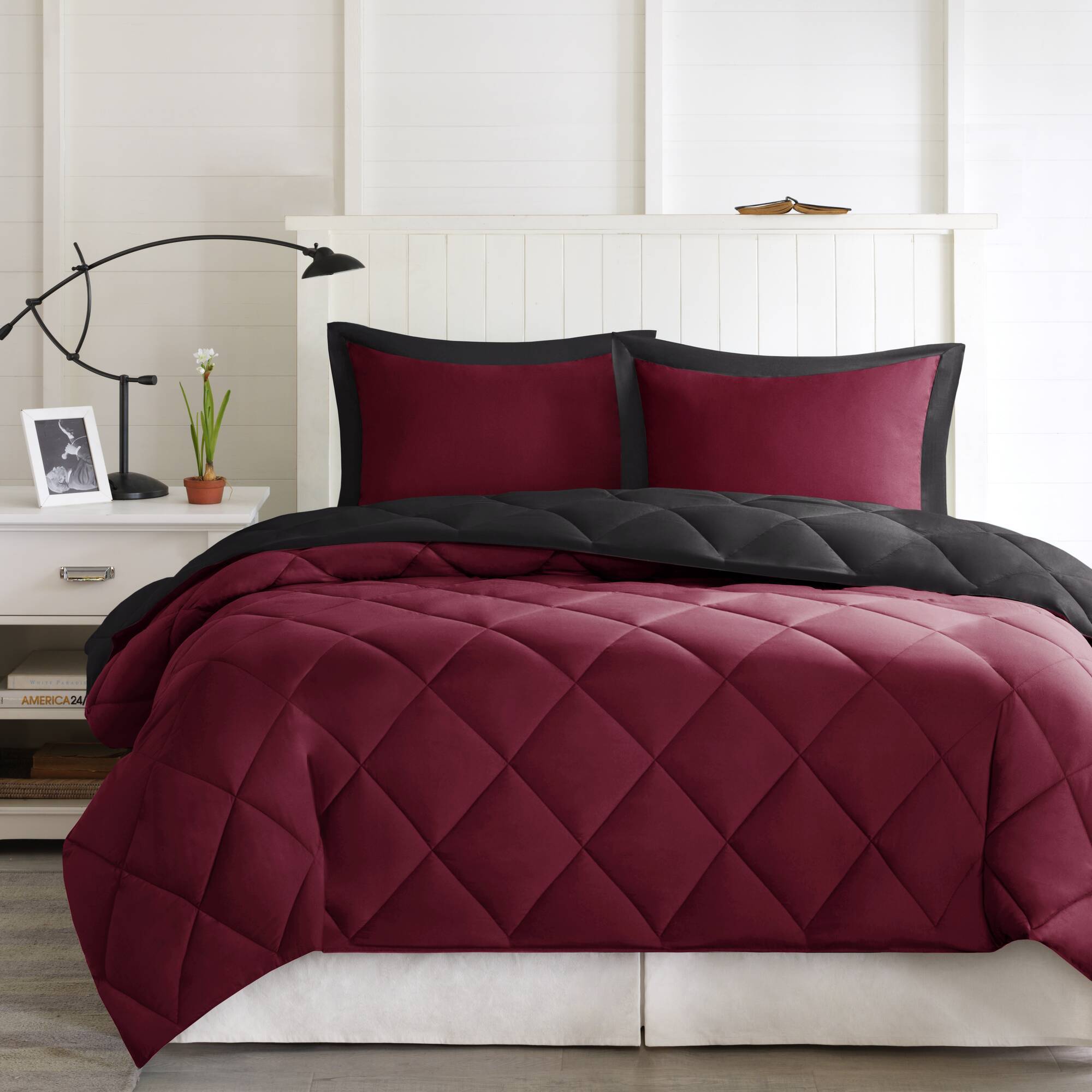 Larkspur - King/California King 3M Scotchgard Diamond Quilting Reversible Down Alternative Comforter Set - Red/Black