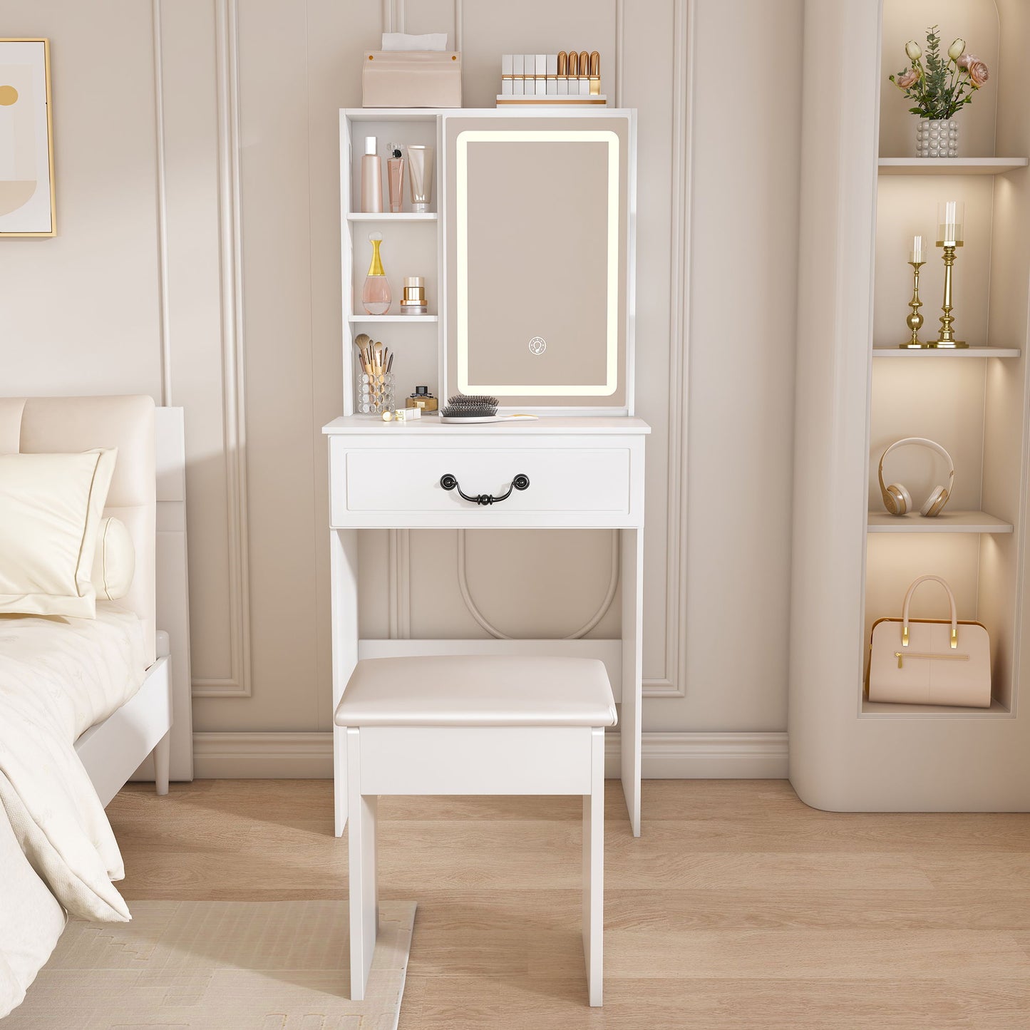 Modern Mini Dressing Table With Led-Lit Mirror & Hidden Storage, Adjustable Brightness Vanity Desk - White