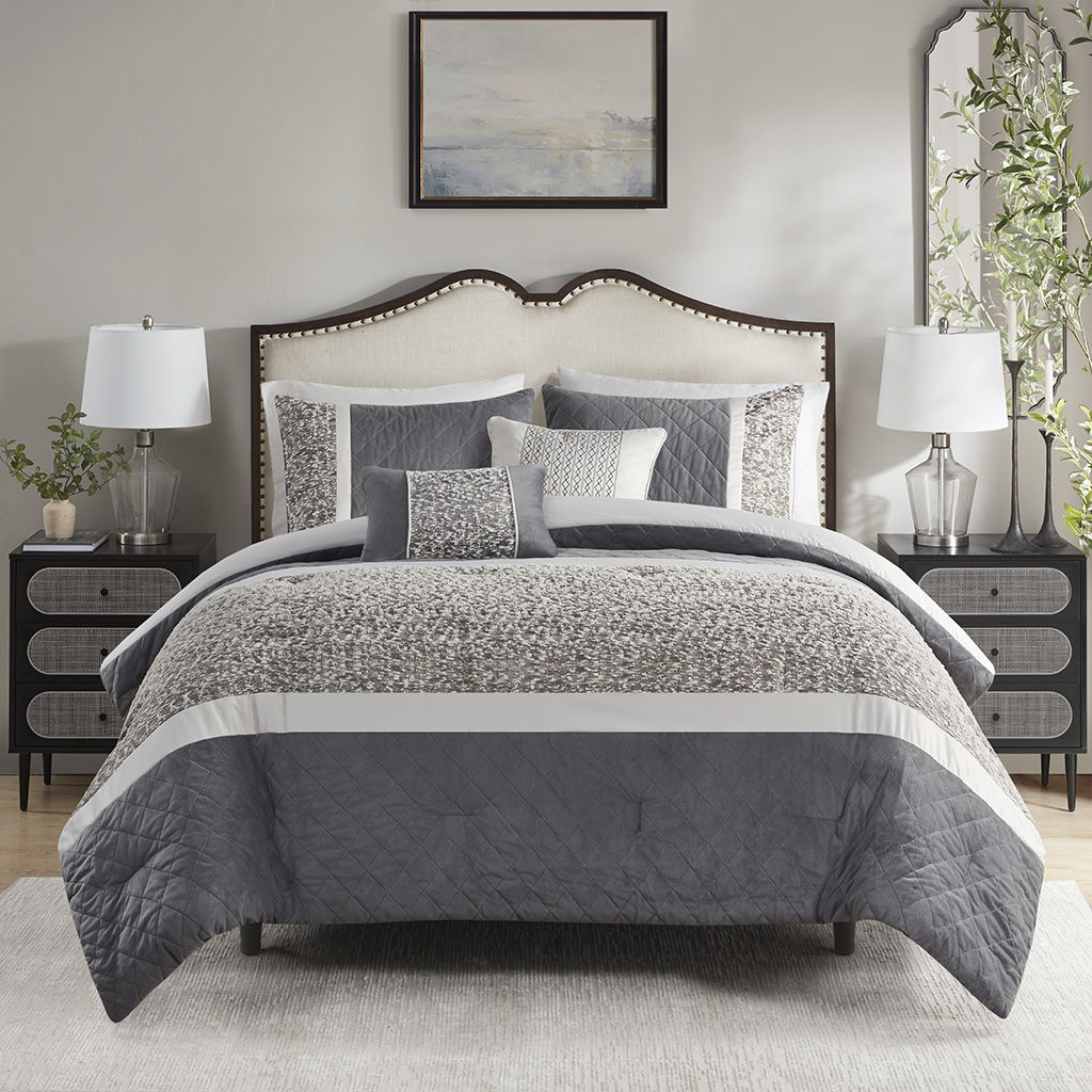 Amelia - 5 Piece Textured Jacquard Stripe Comforter Set With Throw Pillows - Gray