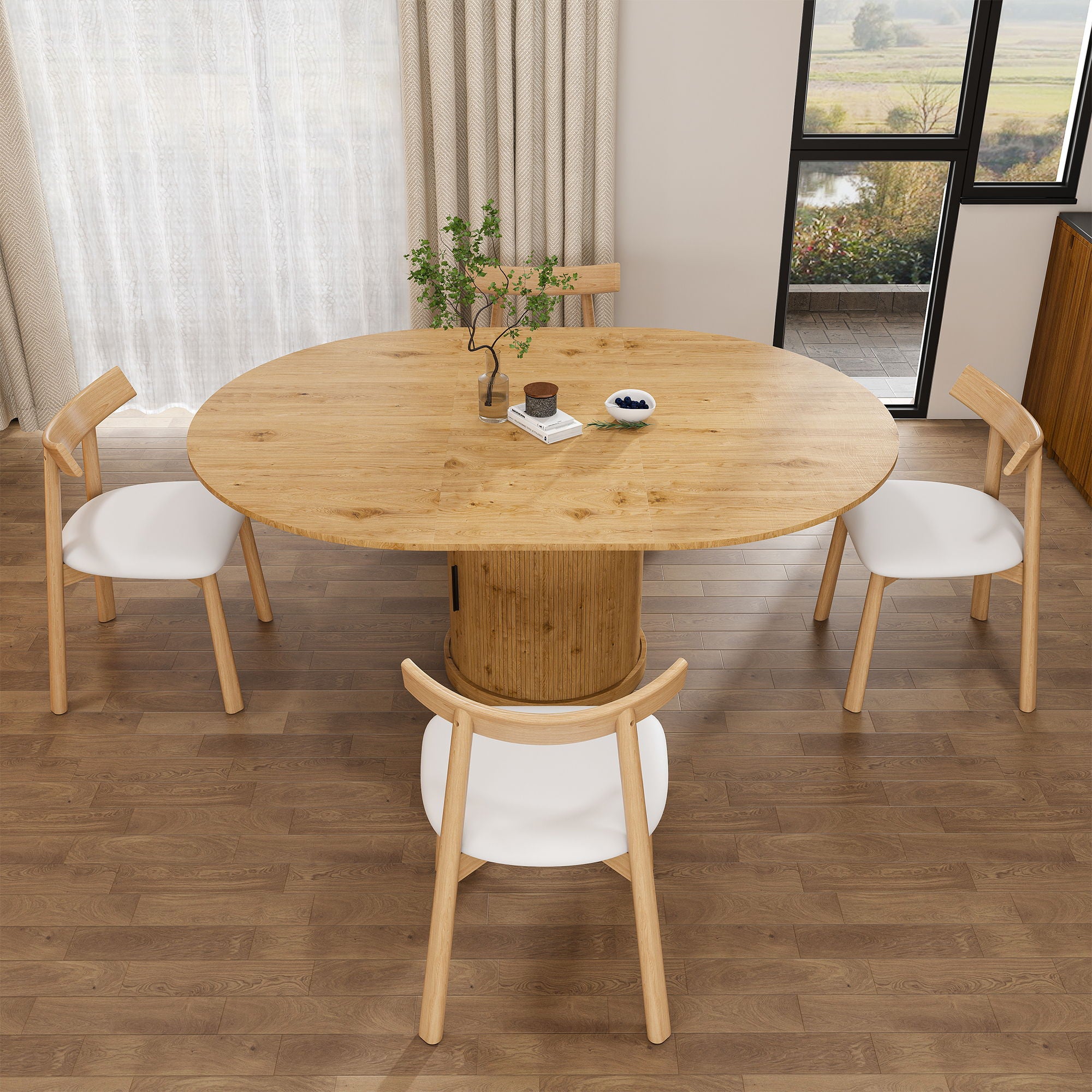 Extendable Oval Dining Table Set With 4 Cushioned Chairs, 2 Tier Storage - Oak