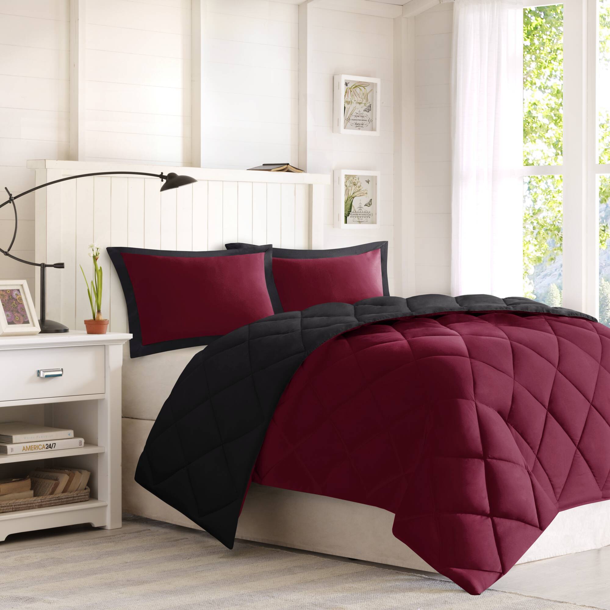 Larkspur - King/California King 3M Scotchgard Diamond Quilting Reversible Down Alternative Comforter Set - Red/Black