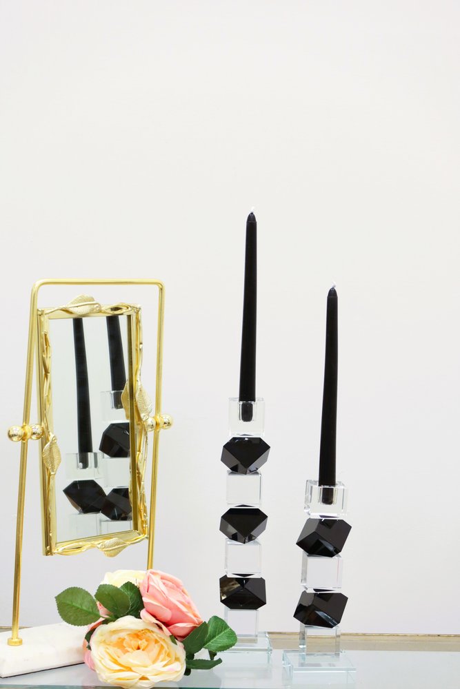 9" Black And Clear Crystal Tabletop Taper Candlestick