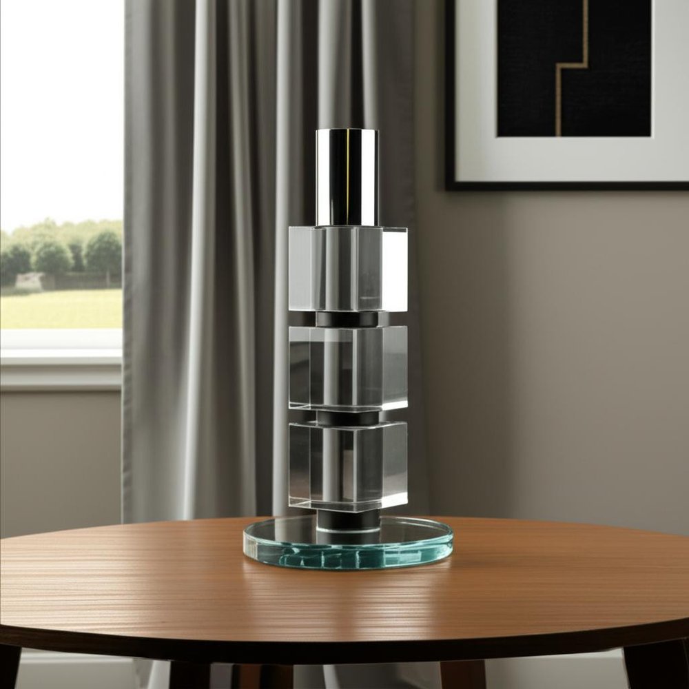 7" Silver Clear And Black Block And Cylinder Crystal Tabletop Taper Candlestick