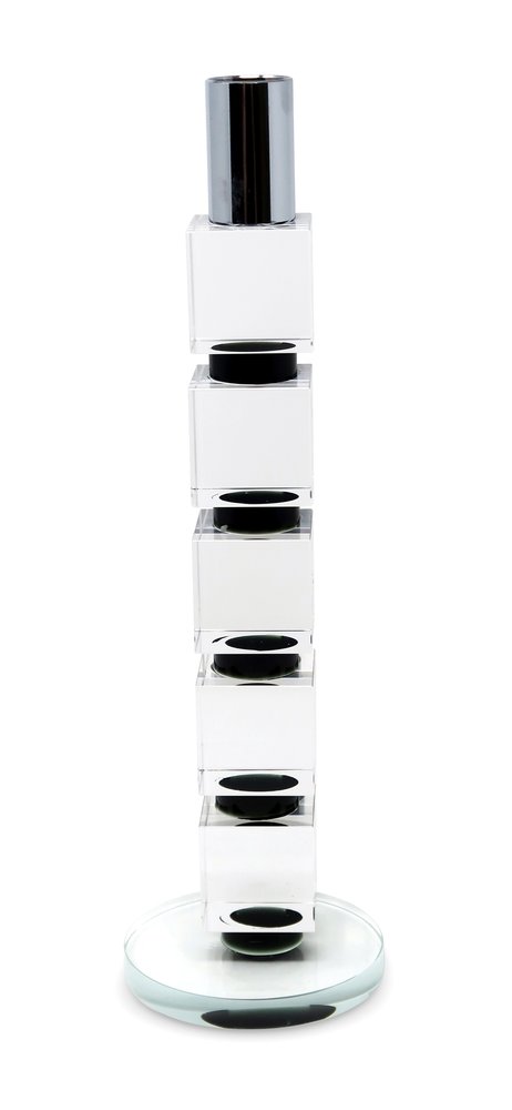11" Silver Clear And Black Geo Crystal Tabletop Taper Candlestick