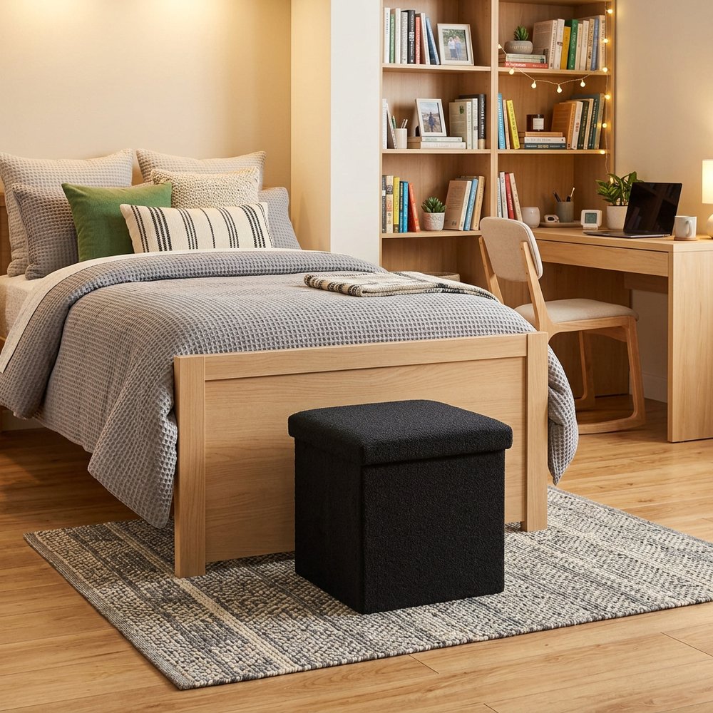 15" Black Boucle Cube Storage Ottoman