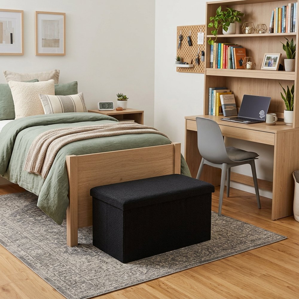 15" Black Boucle Cube Storage Ottoman