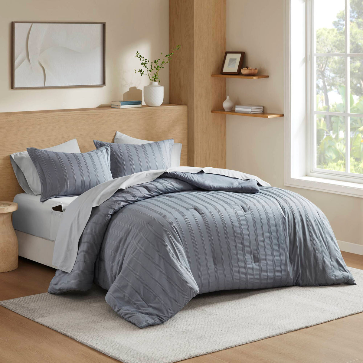 Logan - Full Striped Comforter Set - Blue / Gray