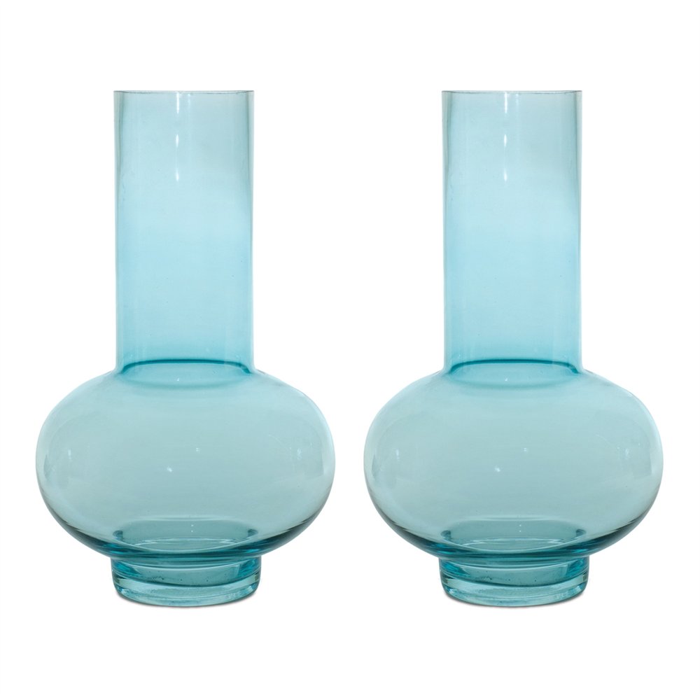 Set of Two Aqua Glass Round Table Vases