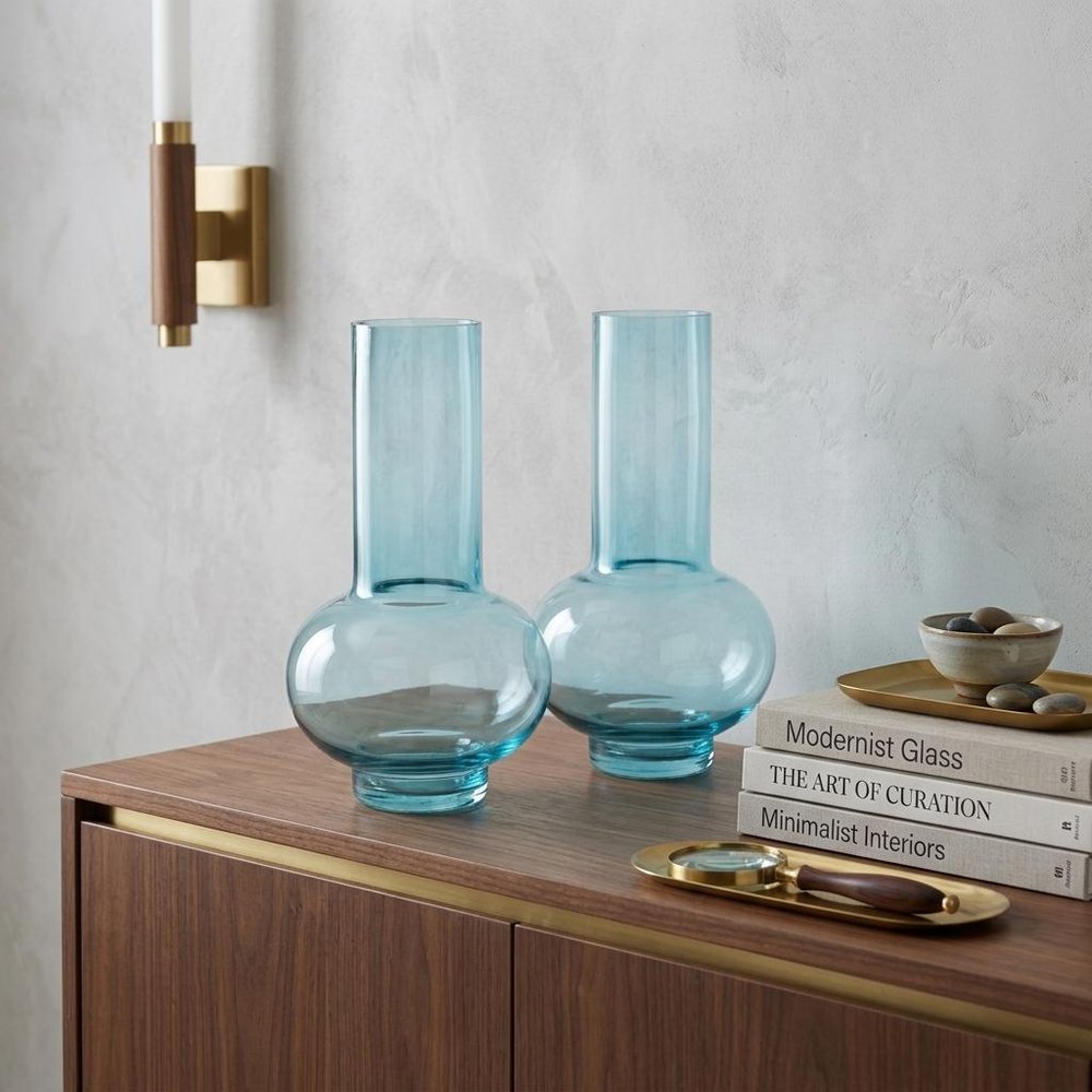 Set of Two Aqua Glass Round Table Vases