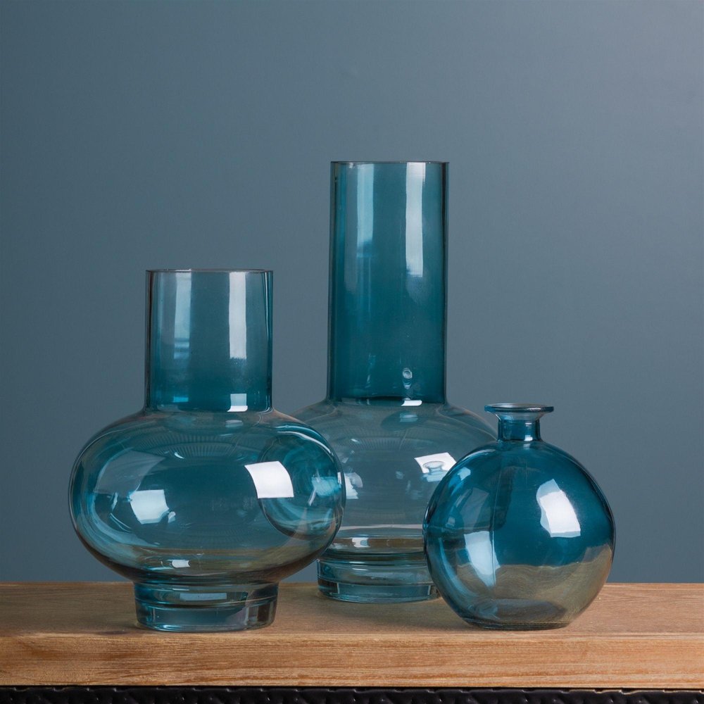 Set of Two Aqua Glass Round Table Vases
