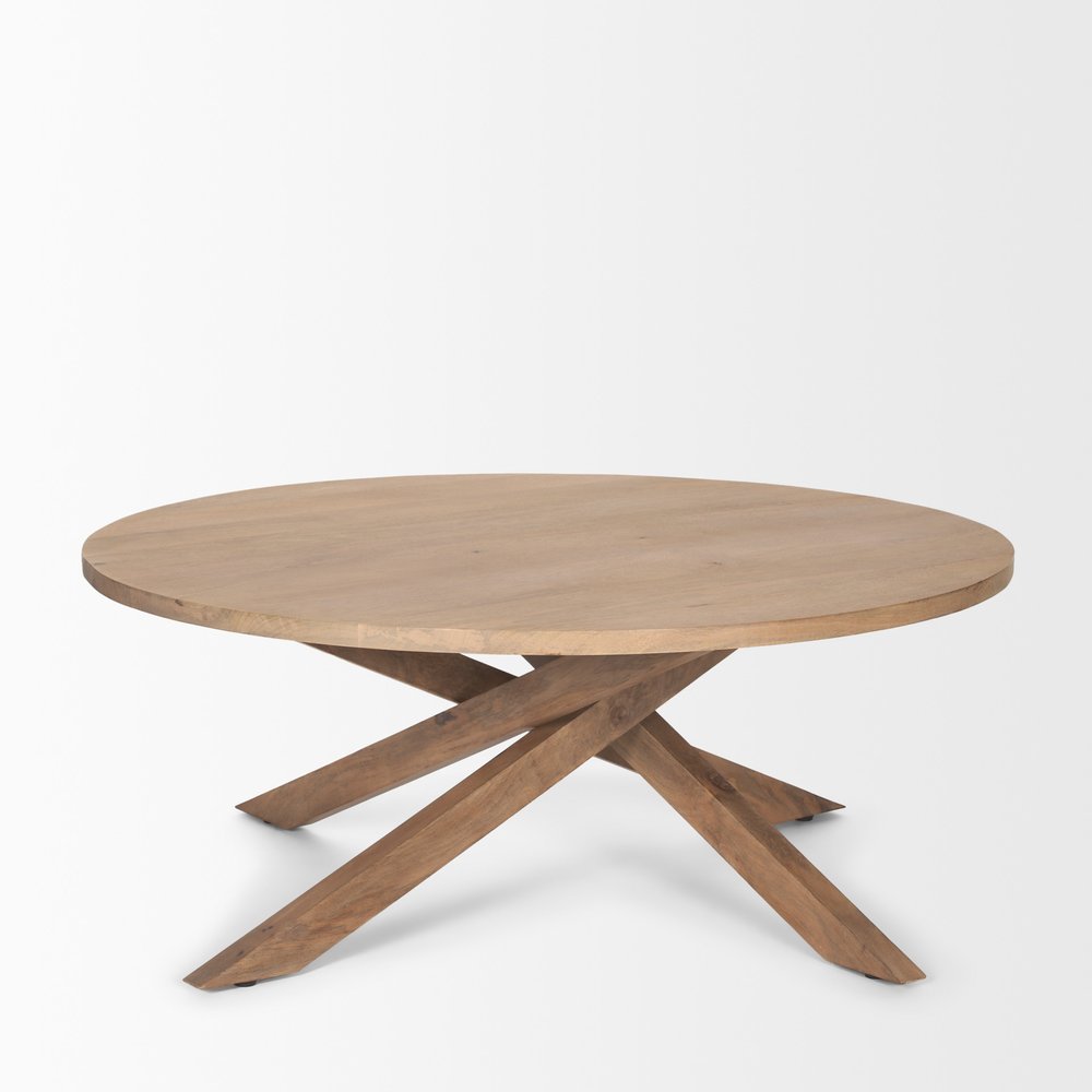 42" Natural Solid Wood Round Cross Legs Coffee Table