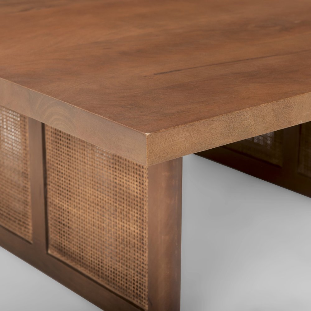 42" Brown and Natural Solid Wood and Wicker Square Double Pedestal Coffee Table