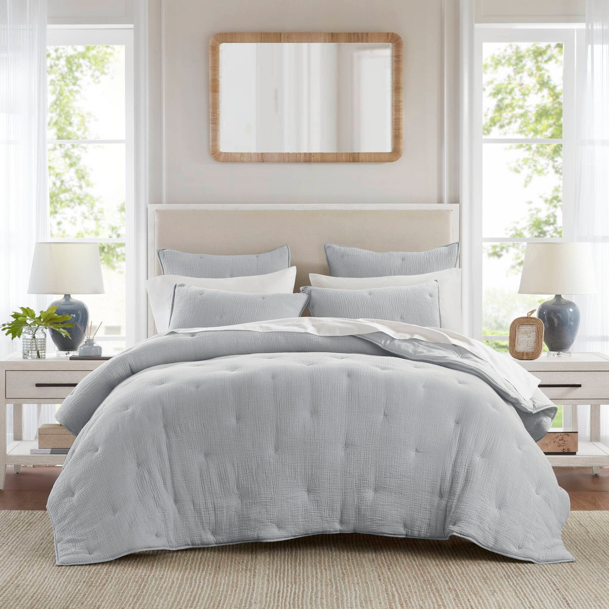 Breeze - King Cotton Gauze Embroidered Quilt Set - Blue