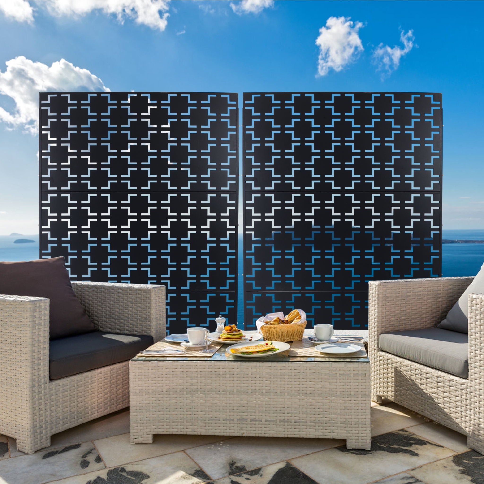 Outdoor / Indoor Privacy Screen Metal Privacy Screen, Freestanding Decorative Privacy Screen For Deck Balcony Patio - Black