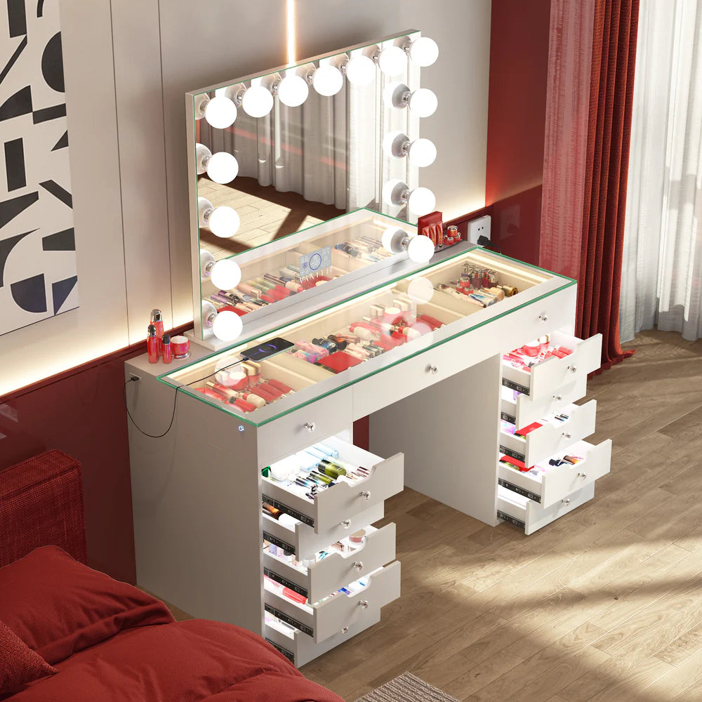 VANITII Eva Vanity Desk- White - 13 Storage Drawers