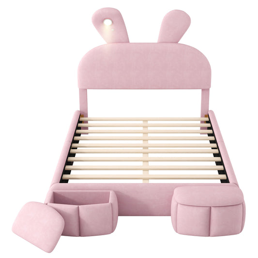 Full Upholstered Platform Bed With Cartoon Ears Headboard And LED Light - Pink