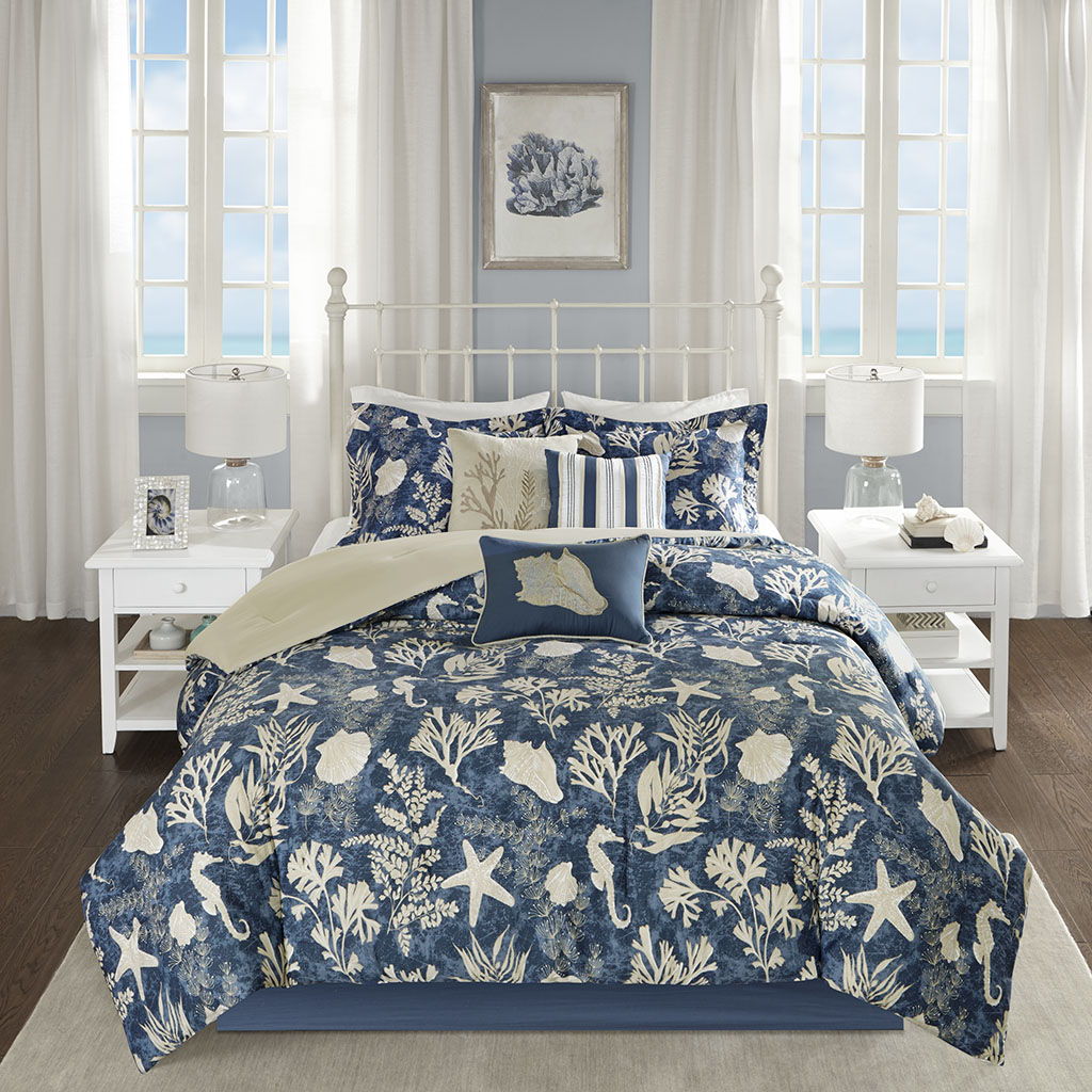Cape Cod - Queen 7 Piece Sateen Comforter Set - Blue
