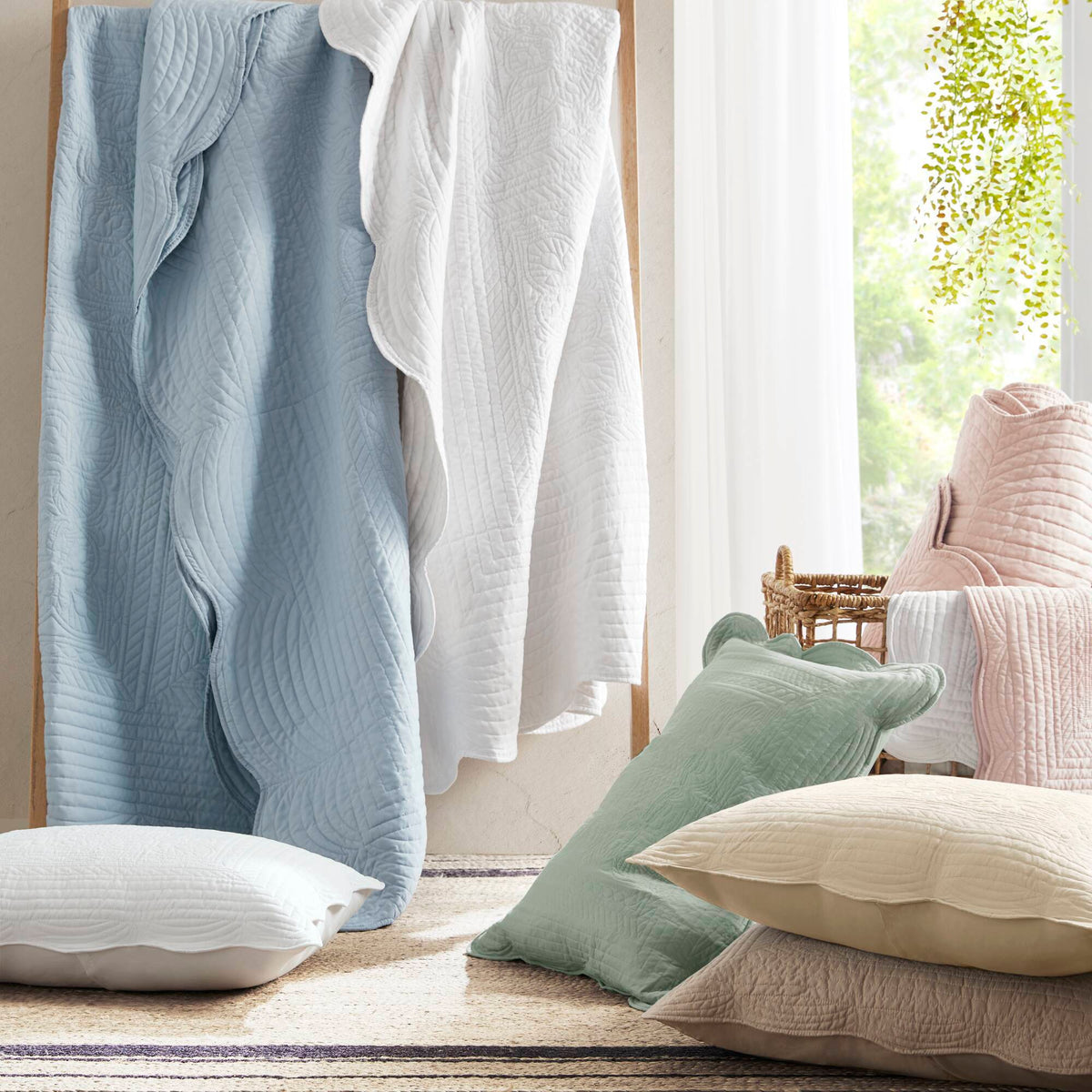 Tuscany - 3 Piece Reversible Scalloped Edge Coverlet Set - Seafoam