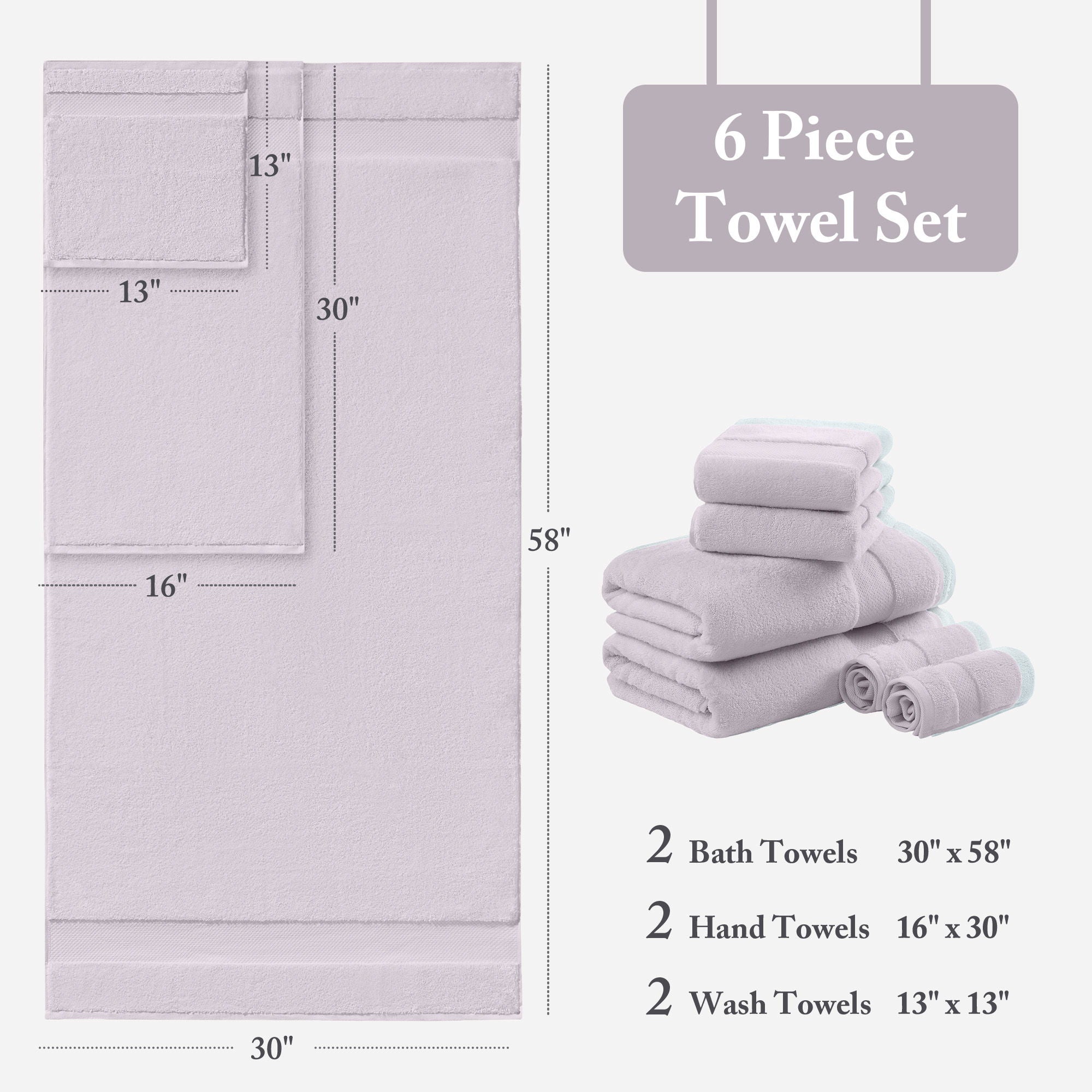 Turkish - 6 Piece Bath Towel Set - Lavender