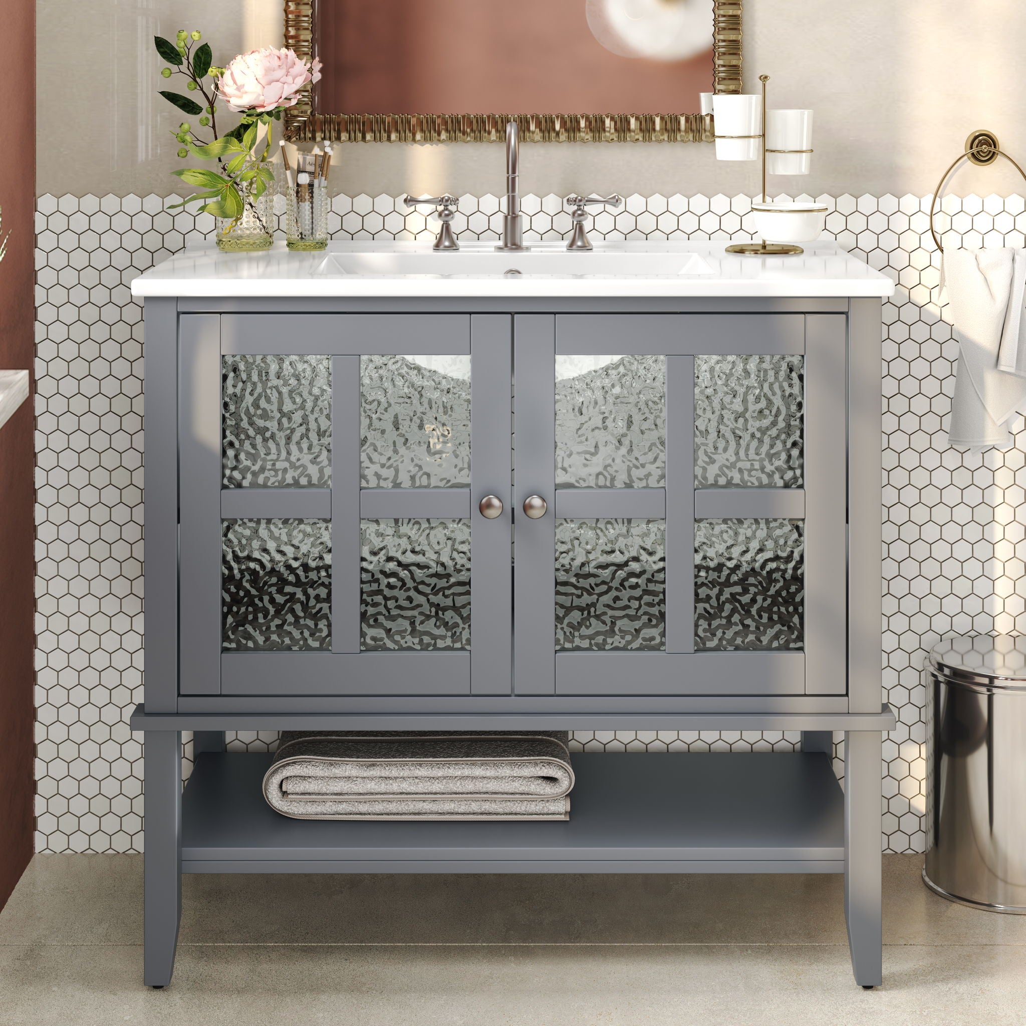 Bathroom Vanity With Ceramic Sink, Adjustable & Open Shelf