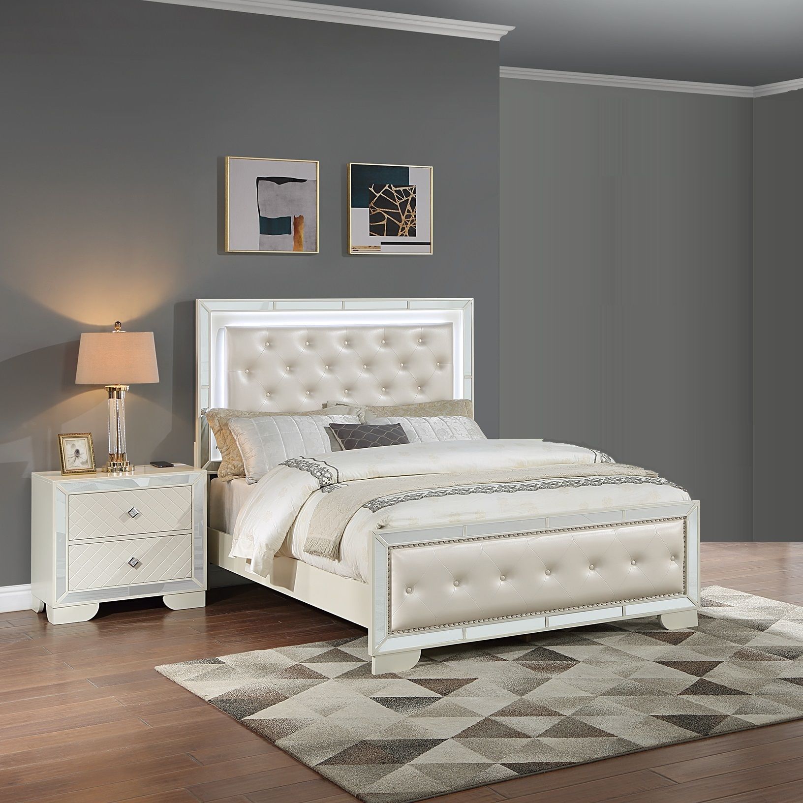 Eastern King Size Bed With LED Lights And Mirror Trim - Cream / Ivory