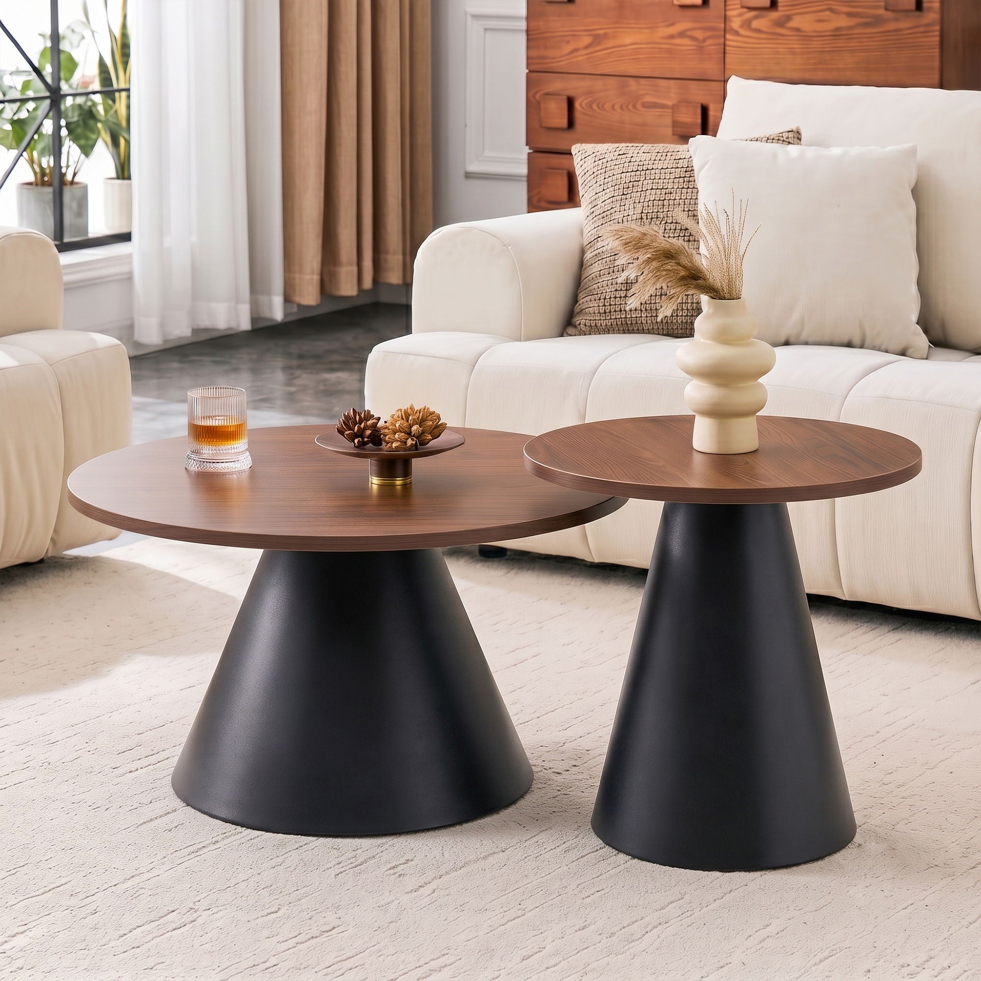 Nesting Coffee Table, Adjustable Foot Pads For Living Room (Set of 2) - Walnut / Black