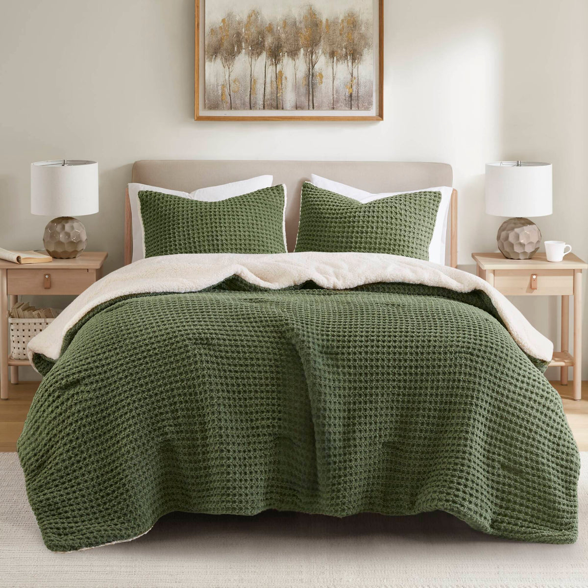 Riordan - Twin Waffle Knit Comforter Set - Olive