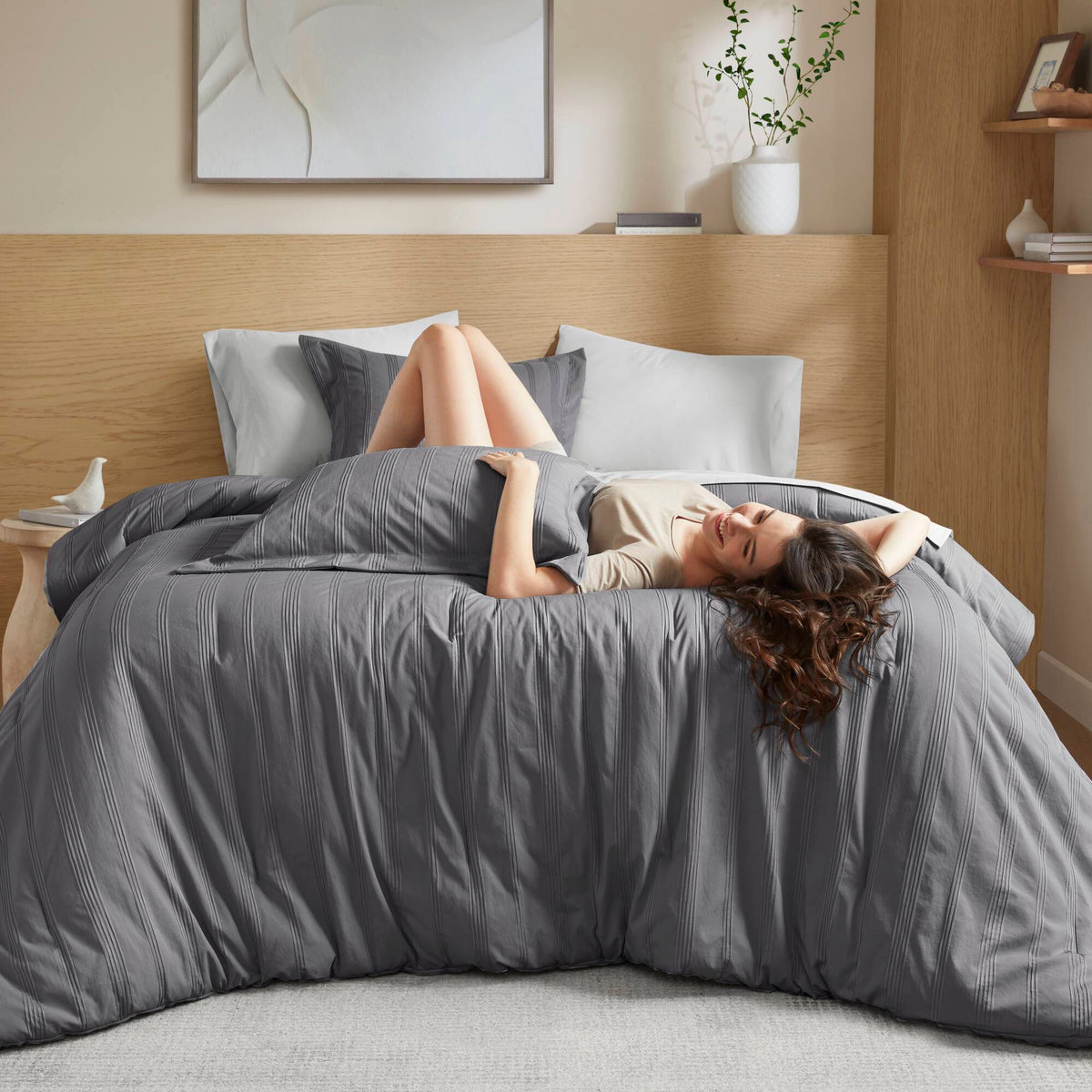 Logan - Full Striped Comforter Set - Charcoal