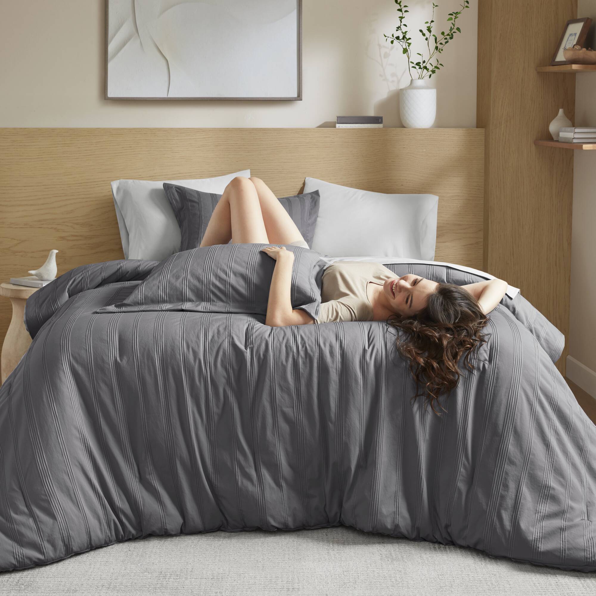 Logan - Queen Striped Comforter Set - Charcoal
