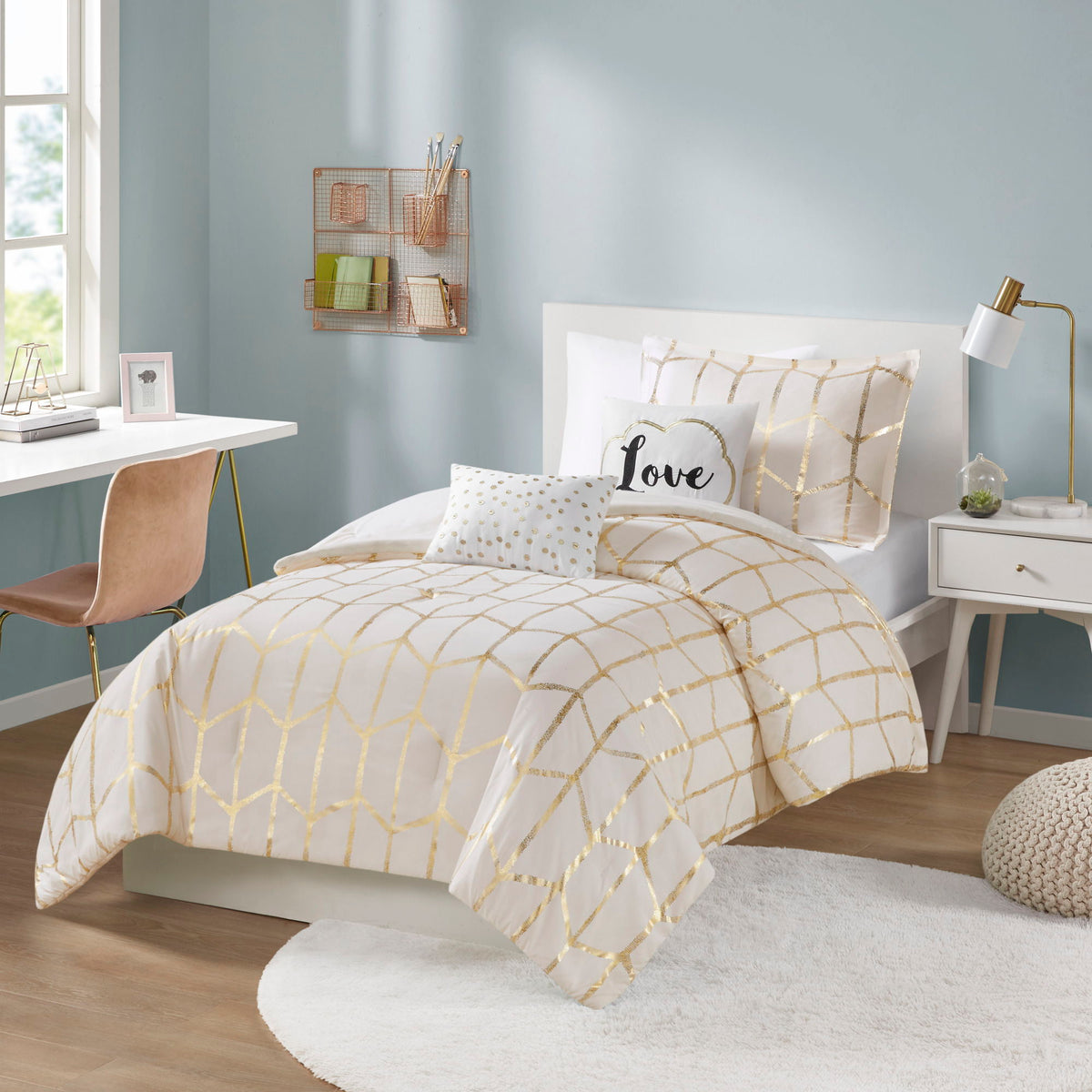 Raina - Brushed Microfiber Printed Comforter Set - Ivory / Gold