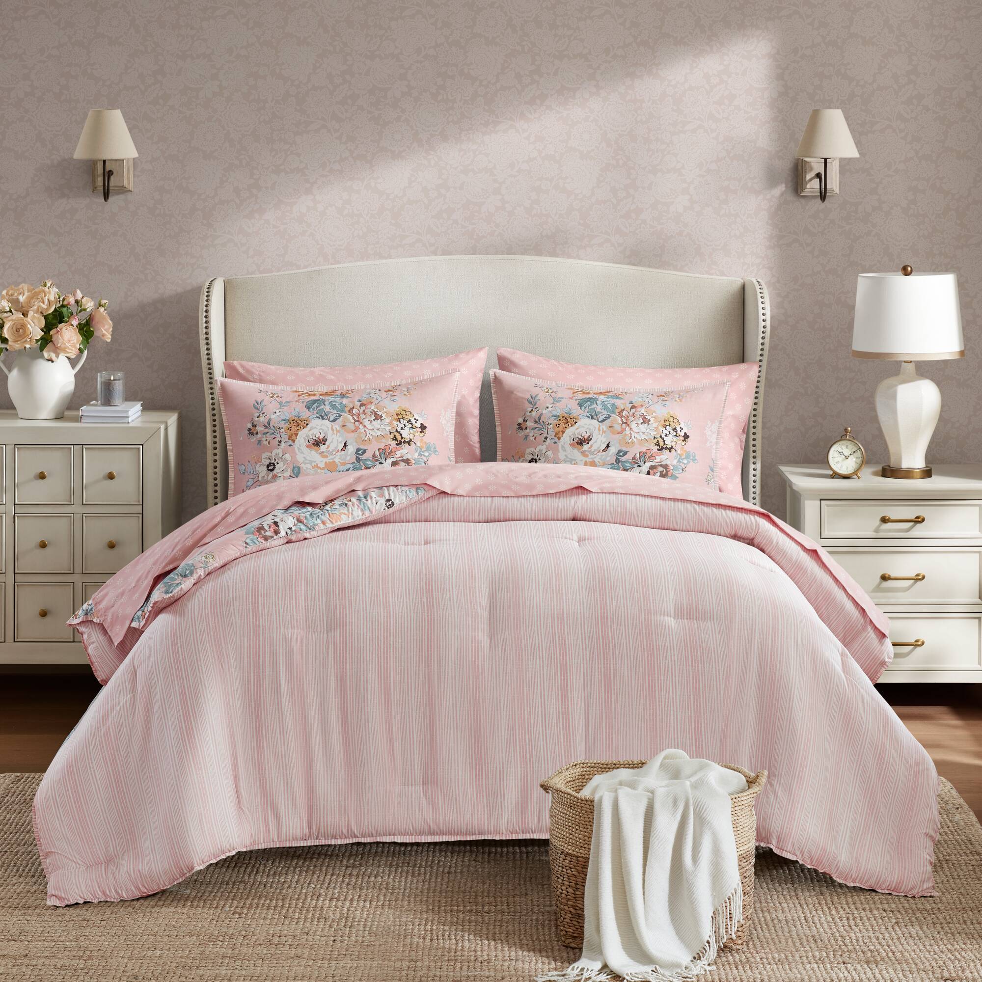 Heather - Twin Long 5 Piece Vintage-Inspired Floral Print - Pink