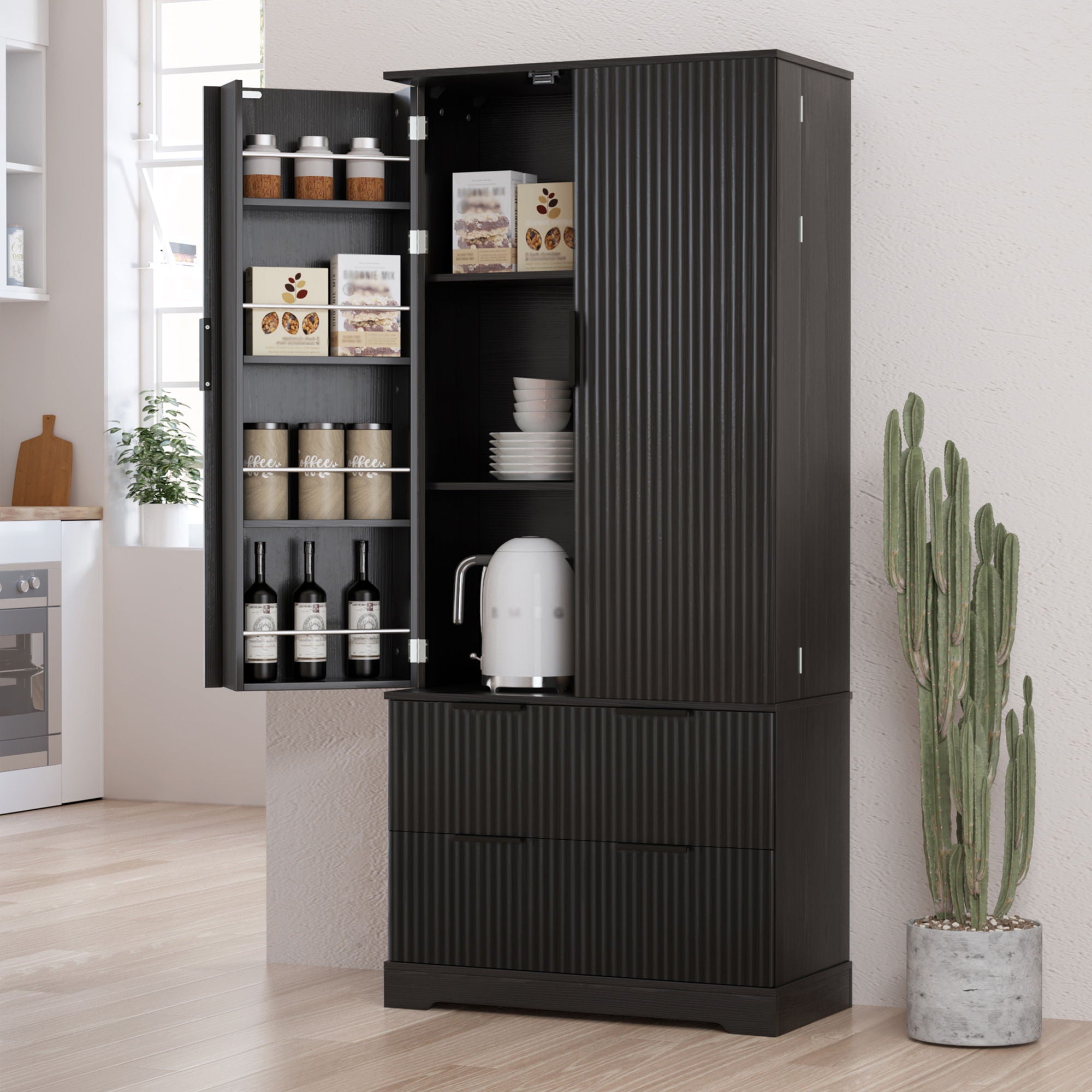 Fluted Kitchen Pantry Cabinet With 2 Large Drawers & 8 Door Spice Rack Freestanding Storage Organizer - Black