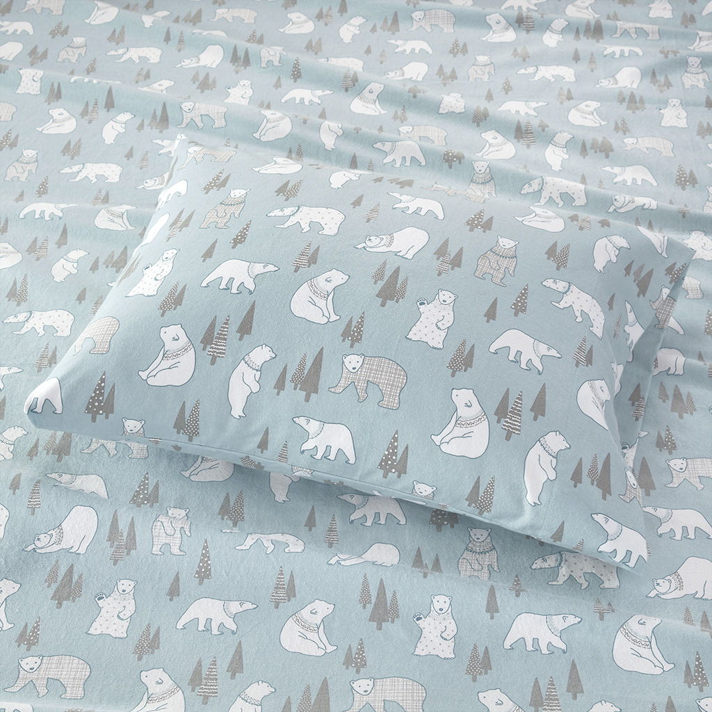 Cozy Flannel - Queen 100% Printed Sheet Set - Blue Polar Bears