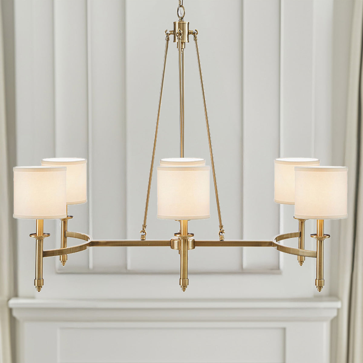 Elegenza - 6-Light Chandelier With Fabric Drum Shades - Antique Gold