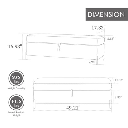 Wide Upholstered Storage Soft Bench Ottoman With Metal Legs