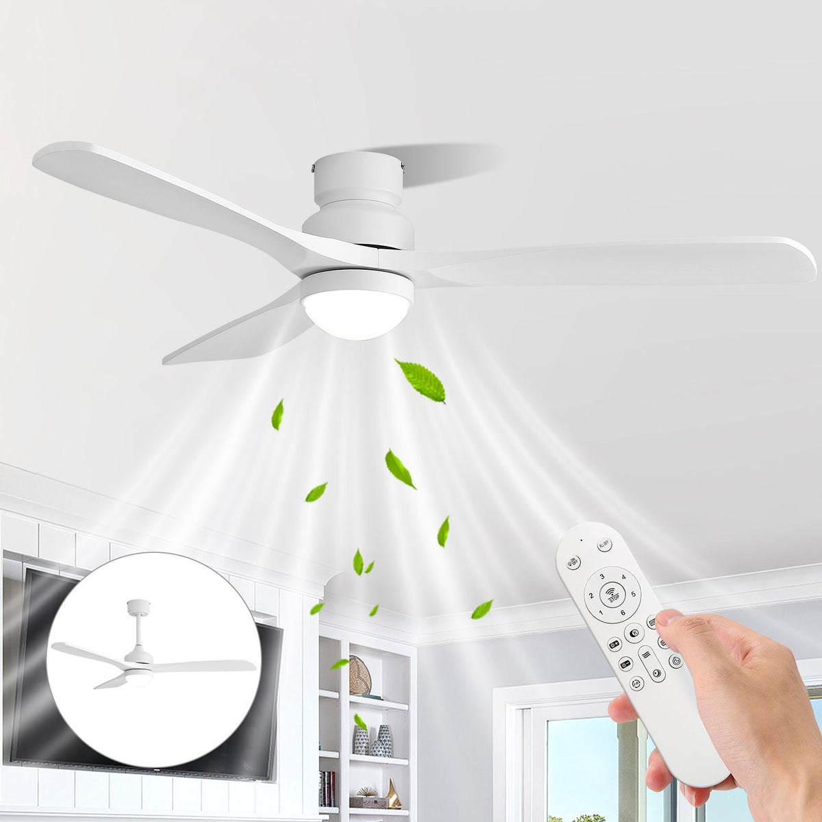 52" Ceiling Fan With Dimmable LED Light, 6 Speed DC Motor, 3 Blades