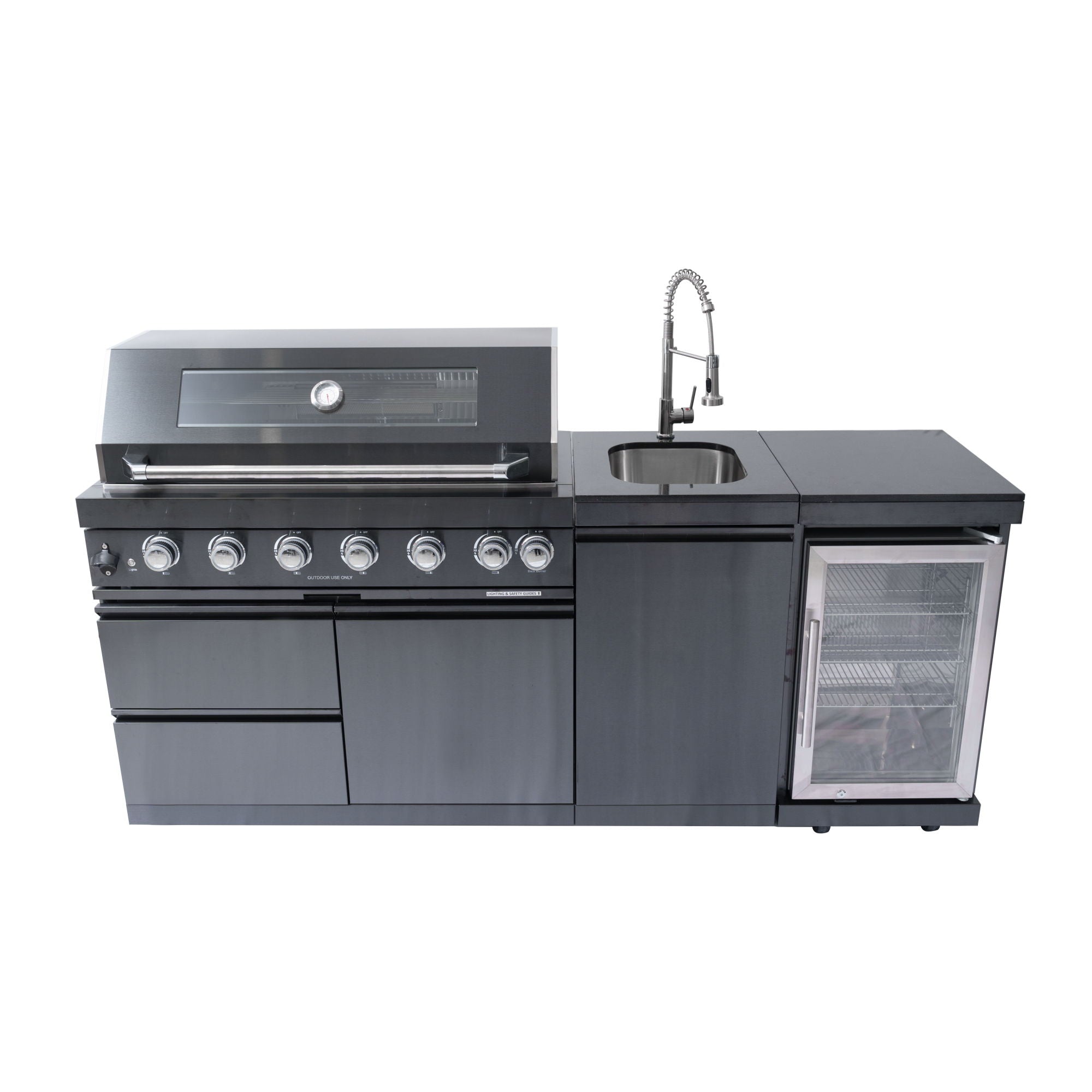 6 Burner 85, 000 Btu Outdoor Kitchen Island Grill With Wine Cooler Refrigerator, Rotisserie Kit, Granite Countertops & Sink - Black