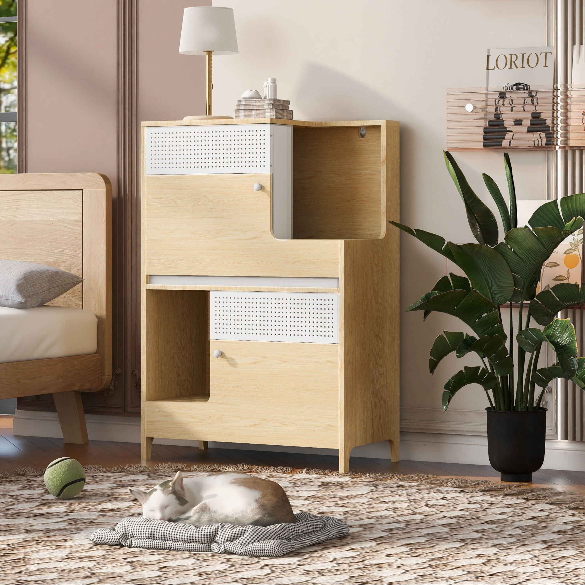 Furniture Style Multi Use Natural Cat Litter Box House With Flip Down Door - Natural