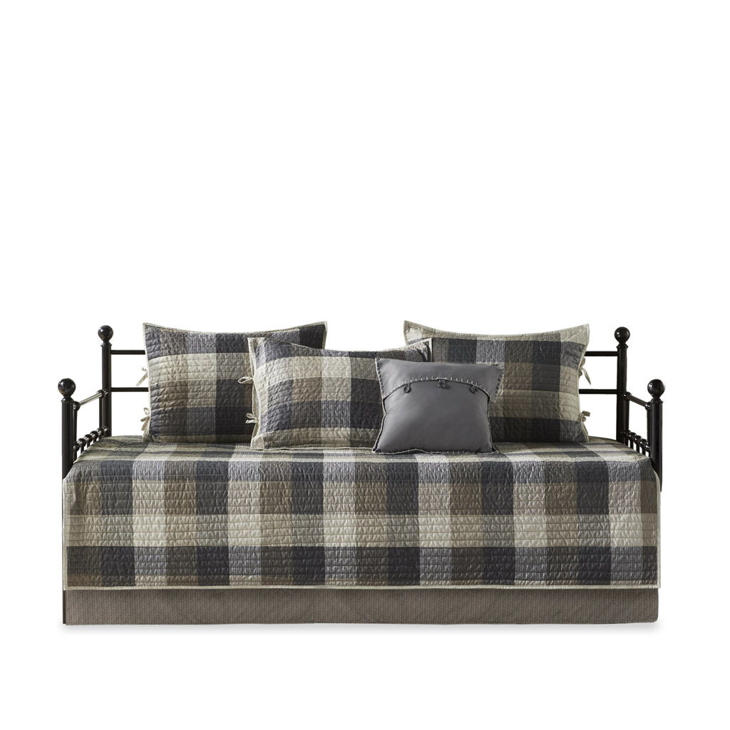 Ridge - 6 Piece Reversible Plaid Daybed Cover Set - Neutral