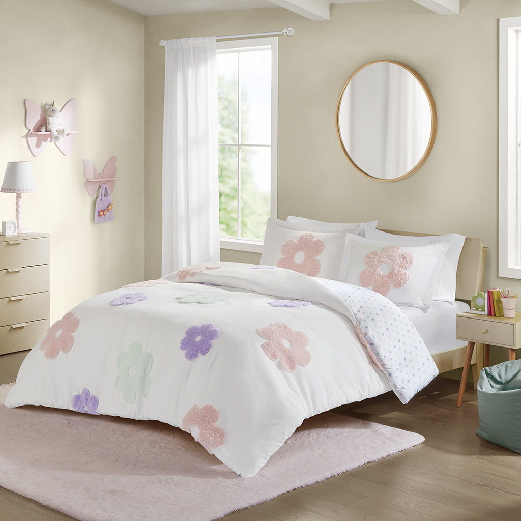 Gracie - Floral Reversible Tufted Chenille Duvet Cover Set - White / Purple