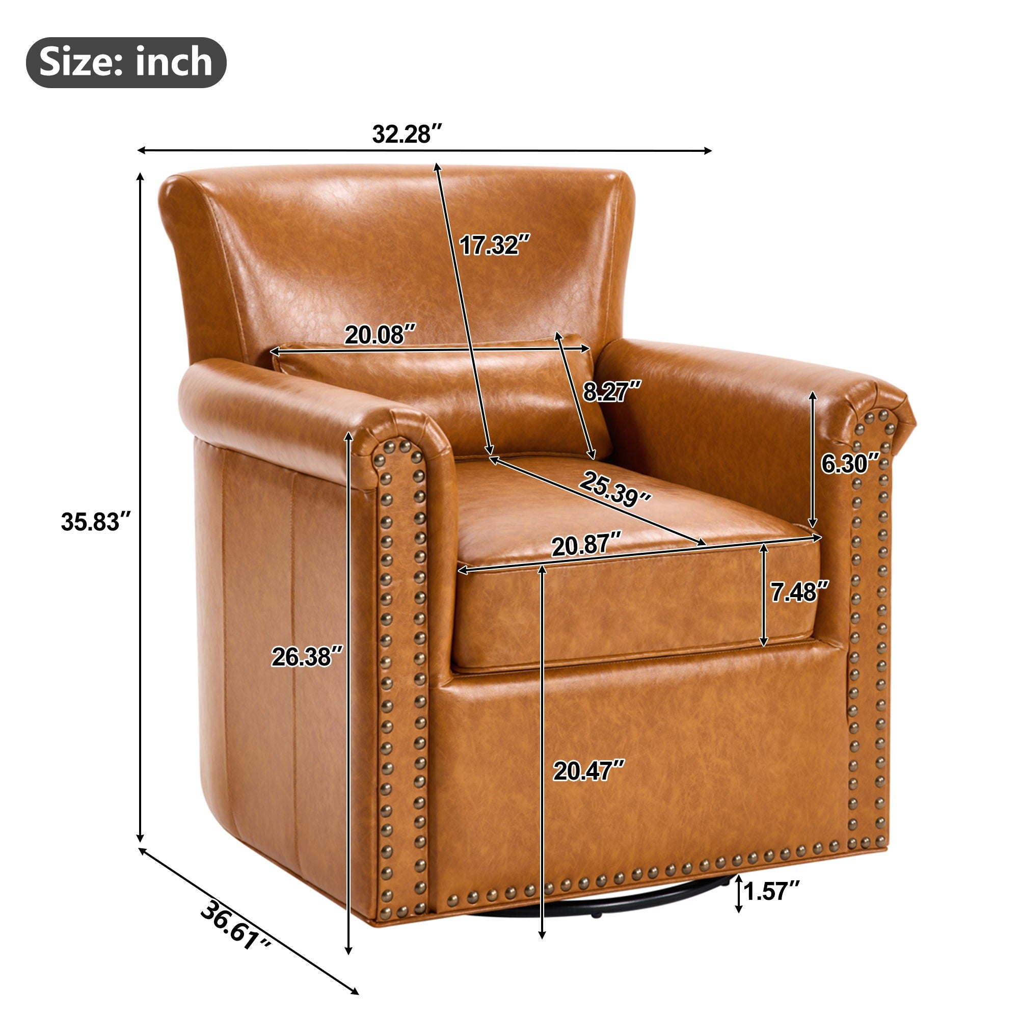 Swivel Accent Chair With Rolled Arm, Sewn Pillow Back, Nailhead Trim For Living Room